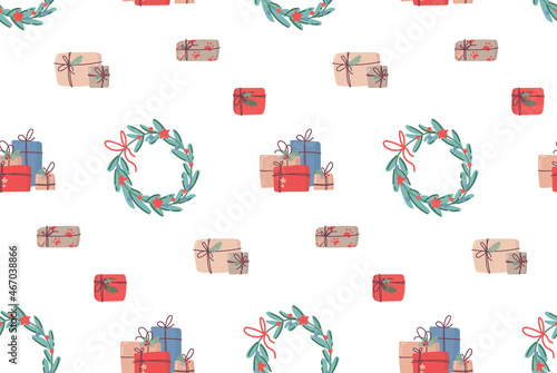 Seamless Christmas pattern with gifts and wreaths. Vector holiday packaging in flat style.