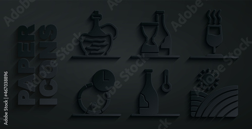 Set Wine temperature, tasting, degustation, Wooden barrel for wine, Vineyard grapes, Bottle of and italian fiasco bottle icon. Vector