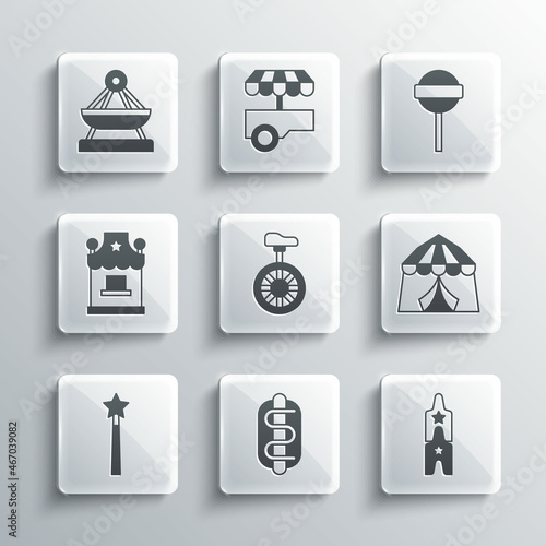 Set Hotdog sandwich, Circus ticket, tent, Unicycle or one wheel bicycle, Magic wand, Ticket box office, Boat swing and Lollipop icon. Vector