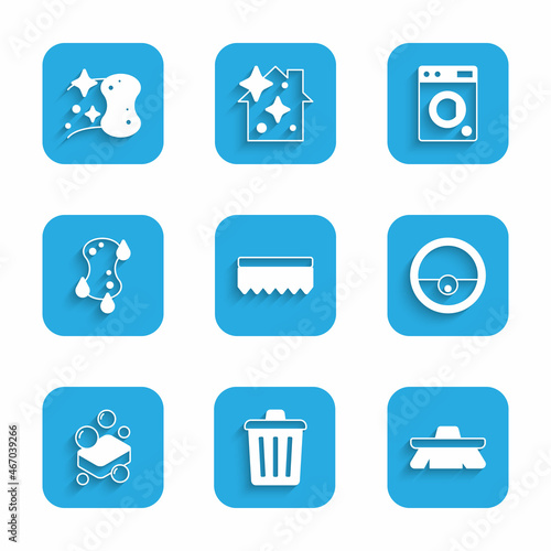 Set Sponge, Trash can, Brush for cleaning, Robot vacuum cleaner, Bar of soap, Washer and icon. Vector