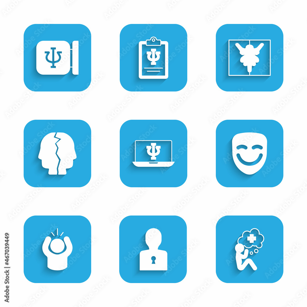 Set Psychologist online, Solution to the problem, Helping hand, Comedy theatrical mask, Anger, Bipolar disorder, Rorschach test and Psychology, Psi icon. Vector Set Psychologist online, Solution to the problem, Helping hand, Comedy theatrical mask, Anger, Bipolar disorder, Rorschach test and Psychology, Psi icon. Vector