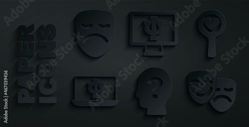 Set Head with question mark, Broken heart or divorce, Psychologist online, Comedy and tragedy masks, and Drama theatrical icon. Vector