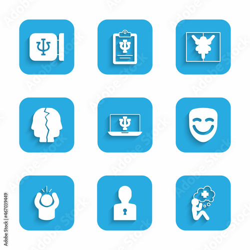 Set Psychologist online, Solution to the problem, Helping hand, Comedy theatrical mask, Anger, Bipolar disorder, Rorschach test and Psychology, Psi icon. Vector