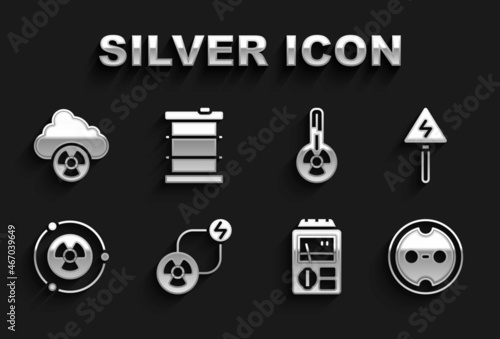 Set Radioactive exchange energy, High voltage sign, Electrical outlet, Dosimeter, Meteorology thermometer, Acid rain and radioactive cloud and waste barrel icon. Vector