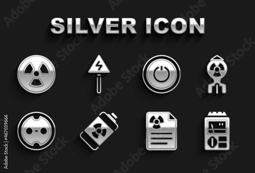 Set Nuclear energy battery, bomb, Dosimeter, Radiation warning document, Electrical outlet, Power button, Radioactive and High voltage sign icon. Vector