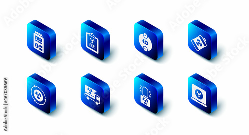 Set Radiation warning document, Atom, Nuclear energy battery, laptop, Radioactive lamp, Truck with radiation materials, and Dosimeter icon. Vector