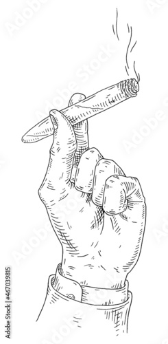Male hand holding burning cigar. Engraving vintage