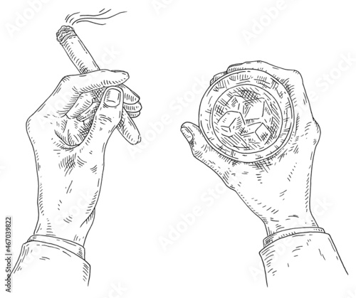 Male hands holding glass whiskey and burning cigar. Vintage black engraving