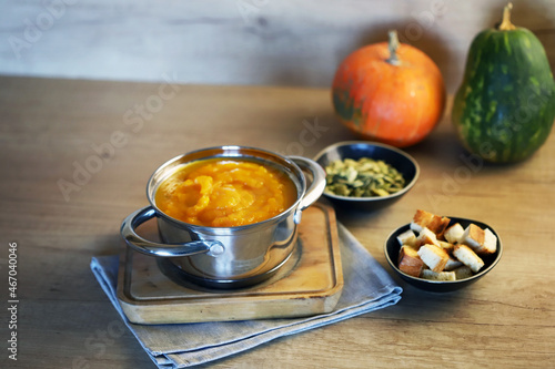 Pumpkin soup in a saucepan.