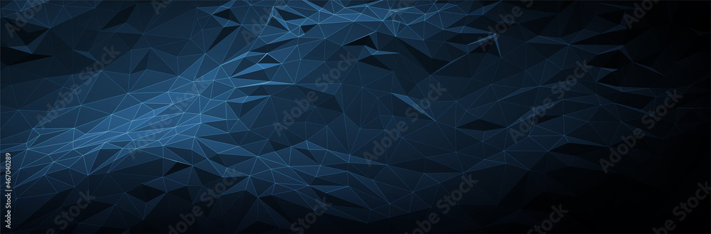 Abstract Blue Background. Dark low poly triangle pattern. Virtual computer Landscape. Technology style. Sci-fi surface. Banner or presentation template. Vector illustration - obrazy, fototapety, plakaty 
