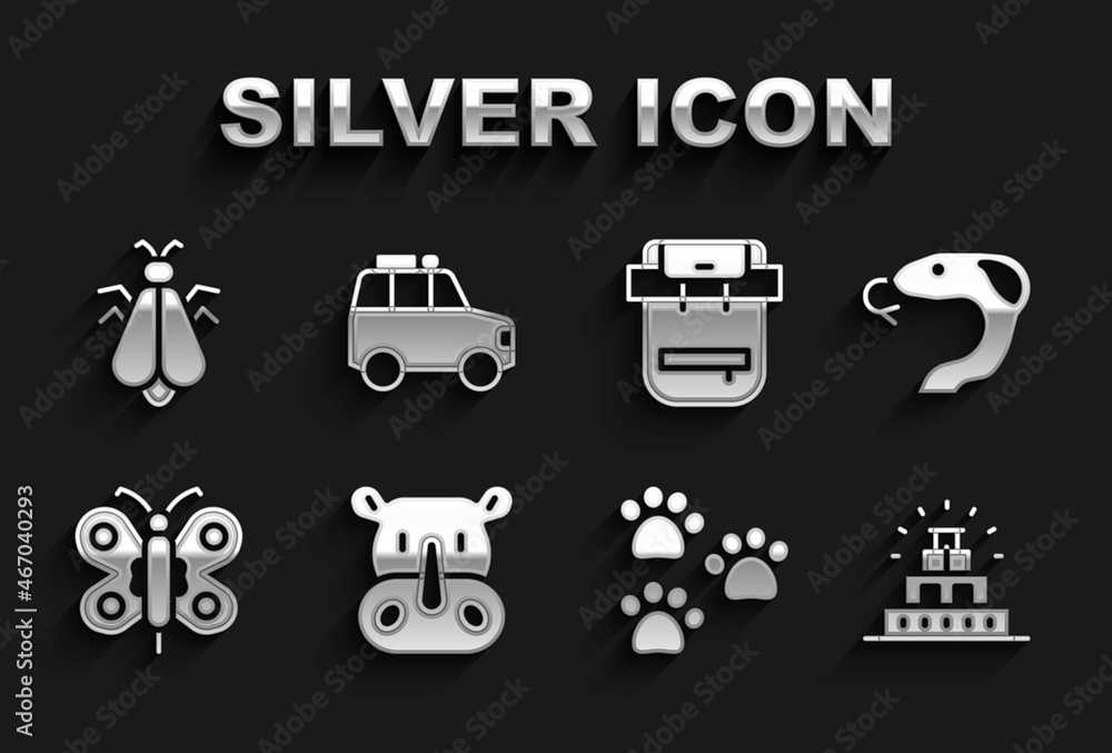 Set Rhinoceros, Snake, Chichen Itza Mayan, Paw print, Butterfly, Hiking backpack, Mosquito and Car icon. Vector Set Rhinoceros, Snake, Chichen Itza Mayan, Paw print, Butterfly, Hiking backpack, Mosquito and Car icon. Vector