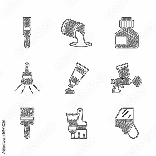 Set Tube with paint palette, and brush, Car painting, Paint spray gun, Paint, gouache, jar, dye and icon. Vector