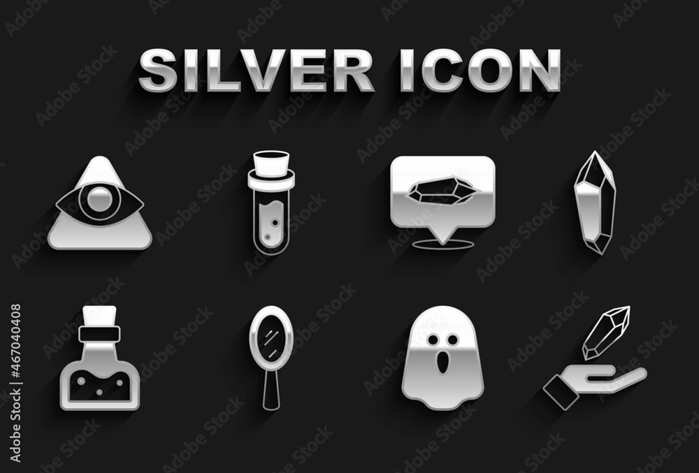 Set Magic hand mirror, stone, Ghost, Bottle with potion, All-seeing eye of God and icon. Vector Set Magic hand mirror, stone, Ghost, Bottle with potion, All-seeing eye of God and icon. Vector
