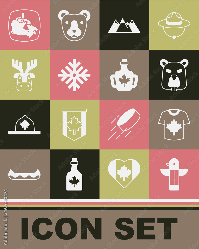 Set Canadian totem pole, Hockey jersey, Beaver animal, Mountains, Snowflake, Deer head with antlers, Canada map and Bottle of maple syrup icon. Vector Set Canadian totem pole, Hockey jersey, Beaver animal, Mountains, Snowflake, Deer head with antlers, Canada map and Bottle of maple syrup icon. Vector