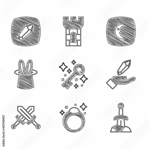 Set Old magic key, Magic stone ring, Sword the, Crossed medieval sword, Magician hat and rabbit ears, Moon stars and icon. Vector