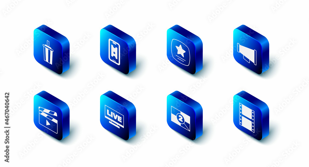Set Buy cinema ticket online, Walk of fame star, Megaphone, Play video, Old film movie countdown frame, Live stream, Movie clapper and Paper glass with water icon. Vector Set Buy cinema ticket online, Walk of fame star, Megaphone, Play video, Old film movie countdown frame, Live stream, Movie clapper and Paper glass with water icon. Vector