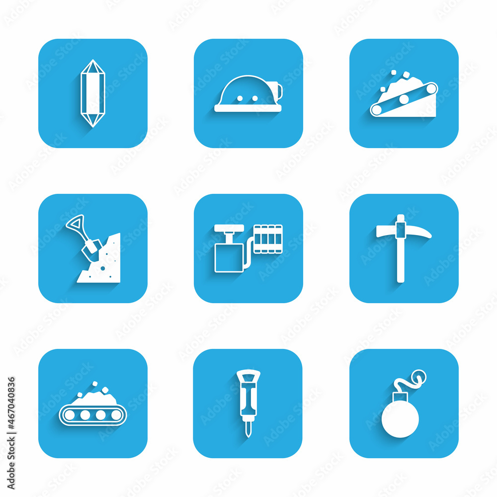 Set Handle detonator, Construction jackhammer, Bomb, Pickaxe, Conveyor belt carrying coal, Shovel stone, and Gem icon. Vector Set Handle detonator, Construction jackhammer, Bomb, Pickaxe, Conveyor belt carrying coal, Shovel stone, and Gem icon. Vector