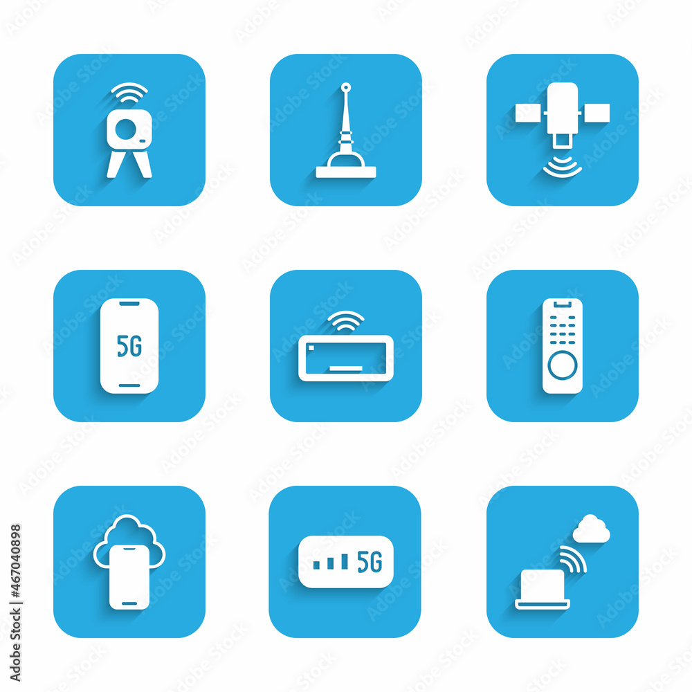 Set Computer keyboard, 5G wireless internet, Network cloud connection, Remote control, Cloud technology data, Mobile with, Satellite and Web camera icon. Vector Set Computer keyboard, 5G wireless internet, Network cloud connection, Remote control, Cloud technology data, Mobile with, Satellite and Web camera icon. Vector