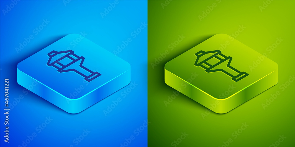 Isometric line Airport control tower icon isolated on blue and green background. Square button. Vector Isometric line Airport control tower icon isolated on blue and green background. Square button. Vector