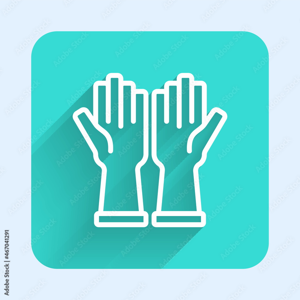 White line Rubber gloves icon isolated with long shadow background. Latex hand protection sign. Housework cleaning equipment symbol. Green square button. Vector White line Rubber gloves icon isolated with long shadow background. Latex hand protection sign. Housework cleaning equipment symbol. Green square button. Vector