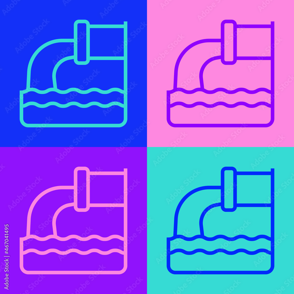 Pop art line Wastewater icon isolated on color background. Sewer pipe. From the pipe flowing liquid into the river. Vector Pop art line Wastewater icon isolated on color background. Sewer pipe. From the pipe flowing liquid into the river. Vector