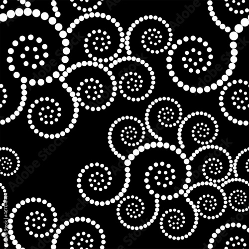 Vector editable graphics. Monochrome dots in the form of a circle, a spiral. Round geometric logo, stencil, dotted frame, web banner, poster, cover, social media splash. Geometric seamless pattern.