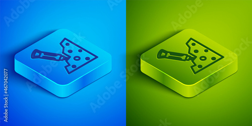 Isometric line Construction jackhammer and stone icon isolated on blue and green background. Square button. Vector
