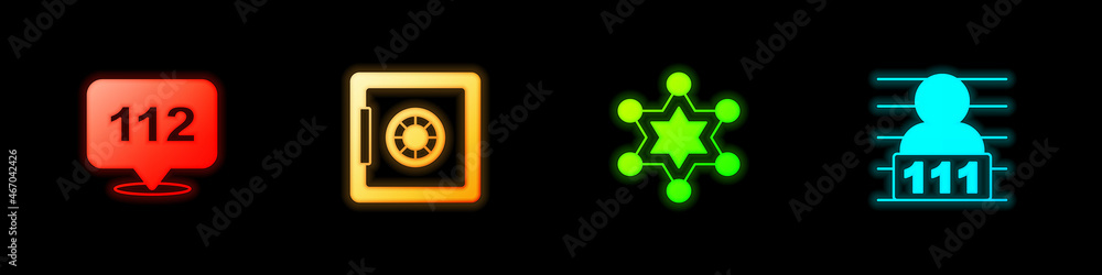 Set Telephone call 112, Safe, Hexagram sheriff and Suspect criminal icon. Vector Set Telephone call 112, Safe, Hexagram sheriff and Suspect criminal icon. Vector