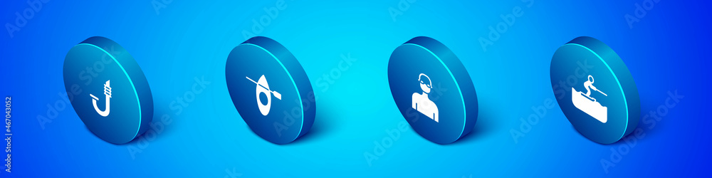 Set Isometric Snorkel, Swimmer, Water skiing man and Kayak and paddle icon. Vector Set Isometric Snorkel, Swimmer, Water skiing man and Kayak and paddle icon. Vector