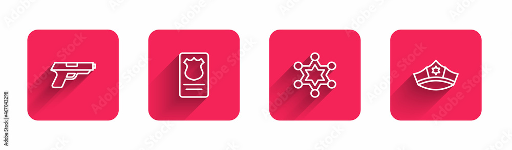 Set line Pistol or gun, Police badge with id case, Hexagram sheriff and cap cockade with long shadow. Red square button. Vector Set line Pistol or gun, Police badge with id case, Hexagram sheriff and cap cockade with long shadow. Red square button. Vector