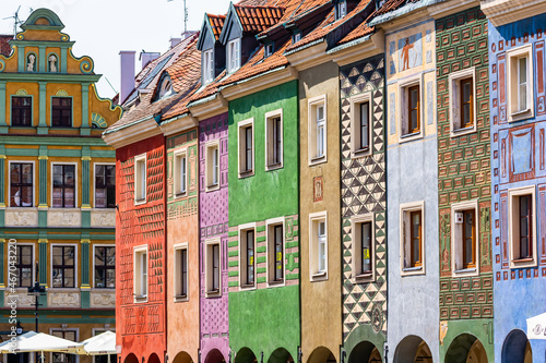 Poznan, Poland - August 09, 2021. Tiny colored houses - main dominant of main square - in Summer