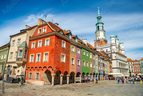 Poznan, Poland - August 09, 2021. Tiny colored houses - main dominant of main square - in Summer