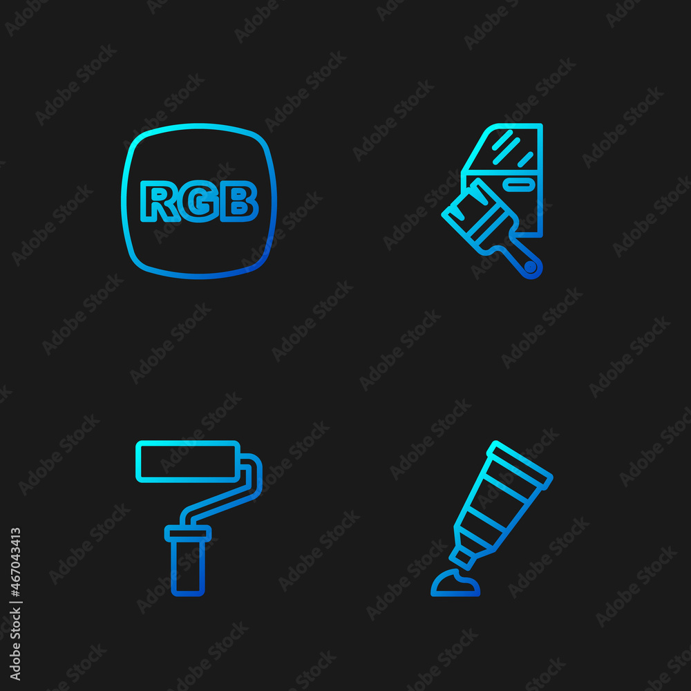 Set line Tube with paint palette, Paint roller brush, RGB and Car painting. Gradient color icons. Vector Set line Tube with paint palette, Paint roller brush, RGB and Car painting. Gradient color icons. Vector