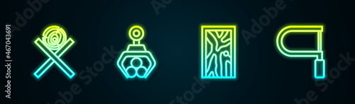 Set line Wooden logs on a stand, Grapple crane grabbed, Closed door and Hacksaw. Glowing neon icon. Vector