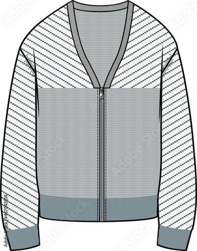 Cardigan flat sketch, knitting, men's cardigan vector Technical drawing APPAREL template, knitted garments