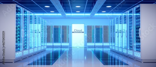 Interior of a modern and minimalist data center. Realistic 3d render.