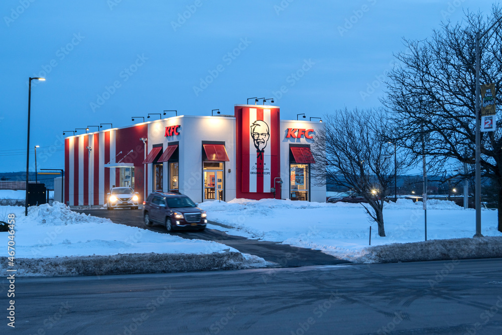 Utica, New York Feb 12, 2020 Night View of KFC fast food restaurant