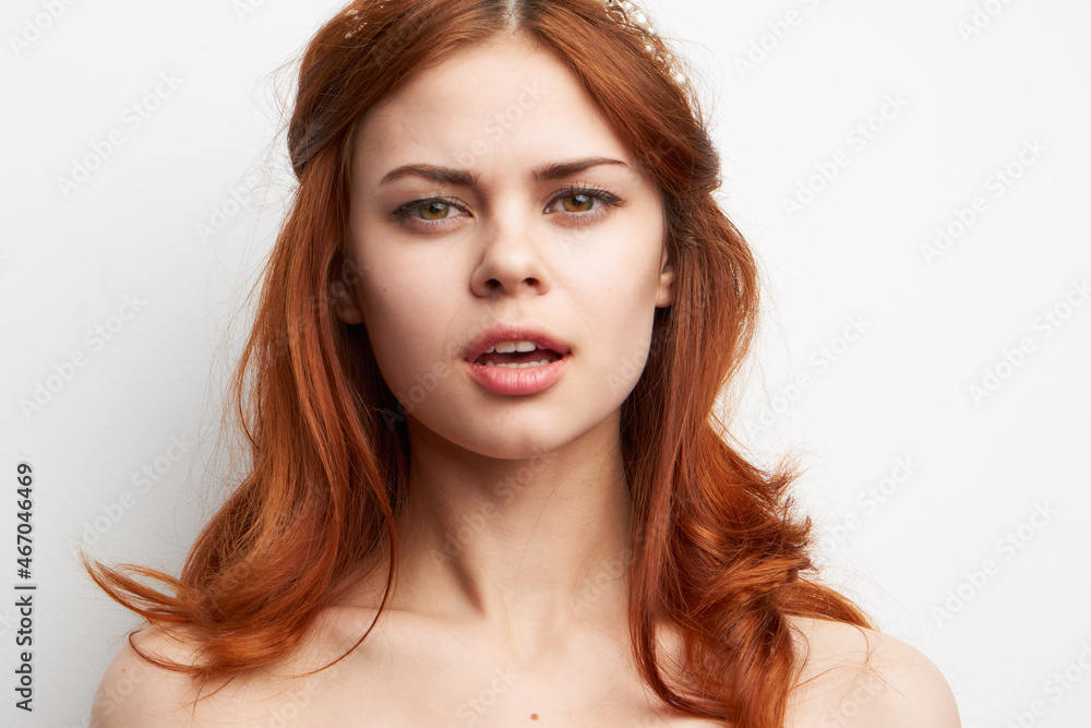 cheerful woman with bare shoulders hairstyle fashion glamor cheerful woman with bare shoulders hairstyle fashion glamor
