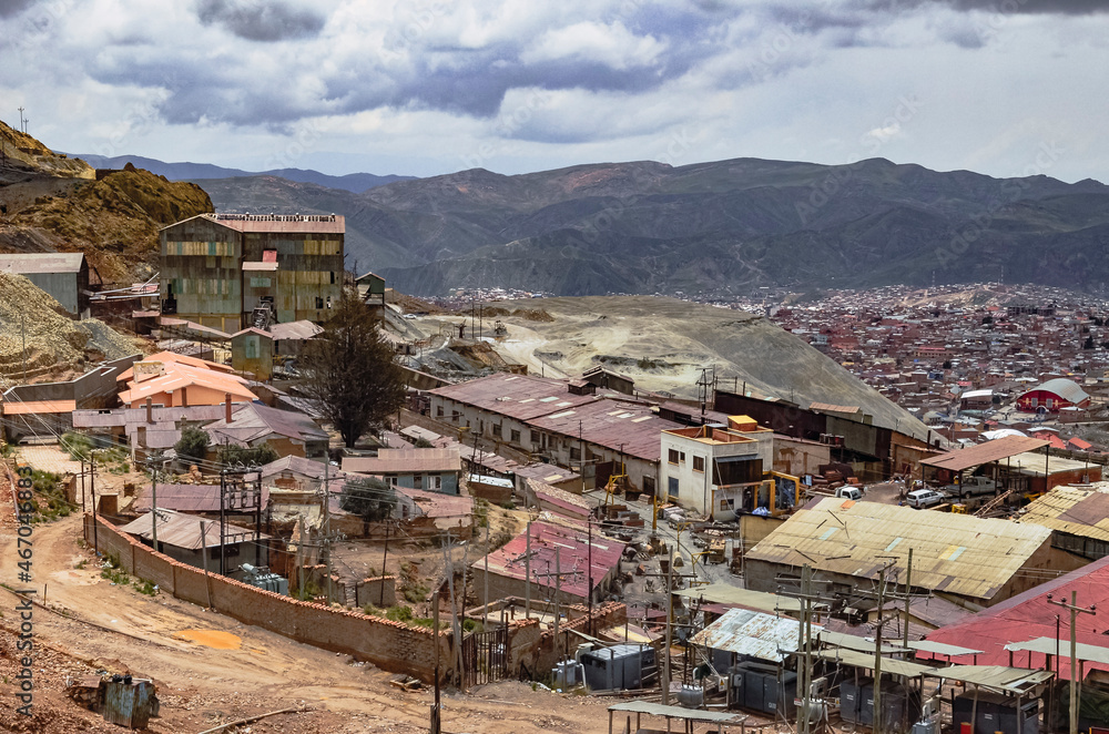High view of silver mines of Cerro Rico in Potosi, Bolivia, South America. The richest mine of the colonial exploitation in the Spanish conquest in Latin America that left the city in poverty.