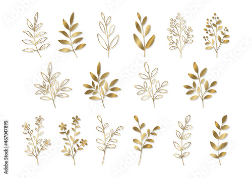 植物の線画とシルエットのイラスト素材 ゴールド