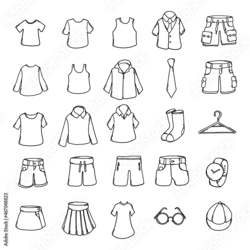 Clothes Doodle vector icon set. Drawing sketch illustration hand drawn line eps10