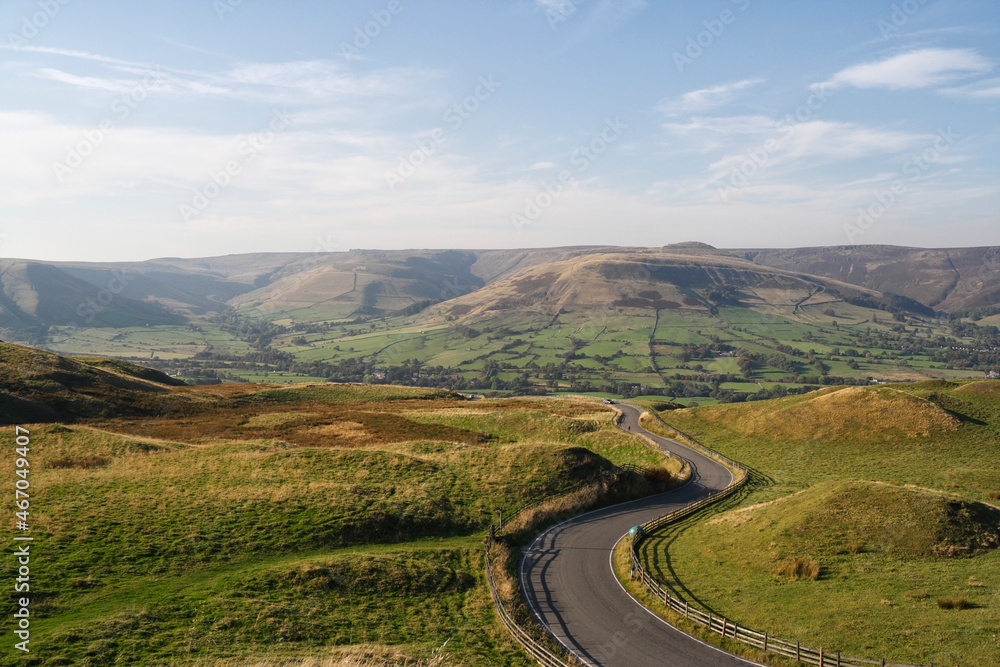 Naklejka premium Scenic Edale from Rushup Edge in the Peak District National Park, Derbyshire UK, moorland landscape
