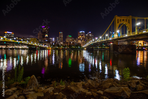 Night time cityscape of downtown Pittsburgh Pennsylvania as seen from across the Allegheny River