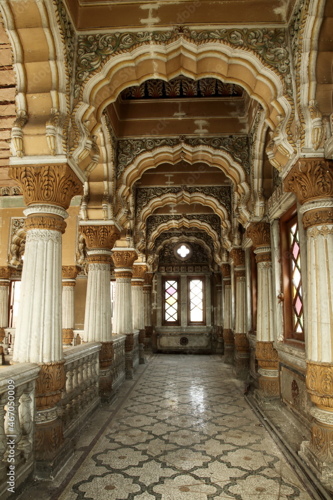 Interior view of a corridor in Mahadji Shinde Chhatri, Pune, India.