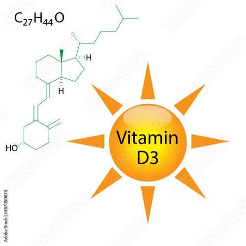 3d icon with yellow vitamin d3 with formula. Vector illustration. Stock image. 
