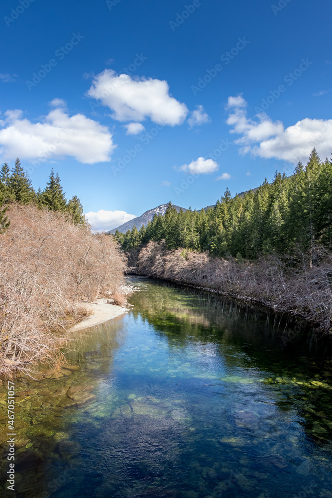 River in the mountains in spring time at Nanaimo Lakes Park on Vancouver Island