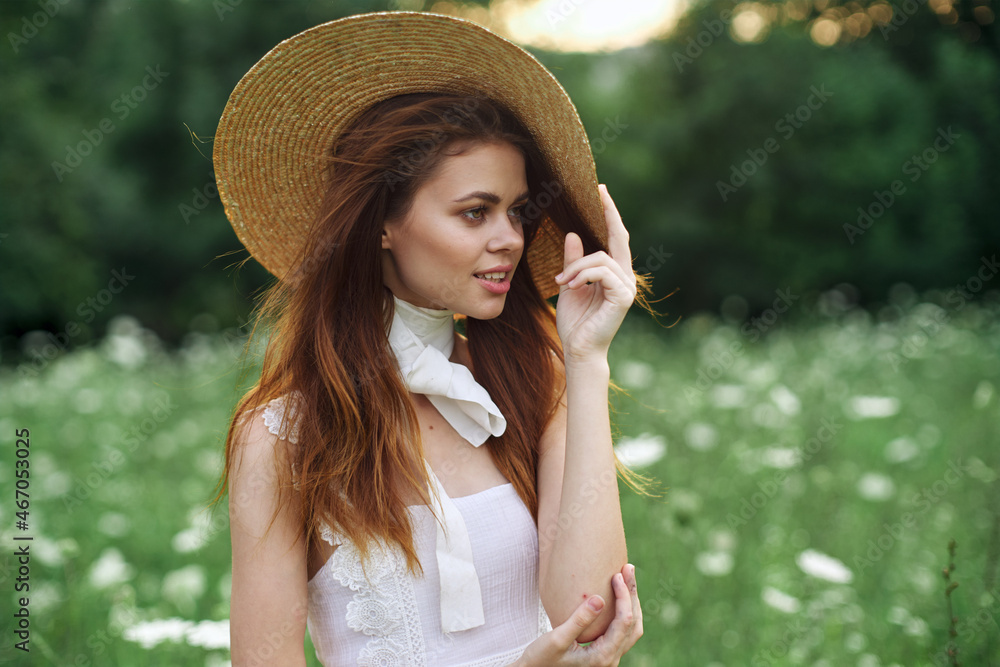 Cheerful attractive woman summer nature flowers vacation