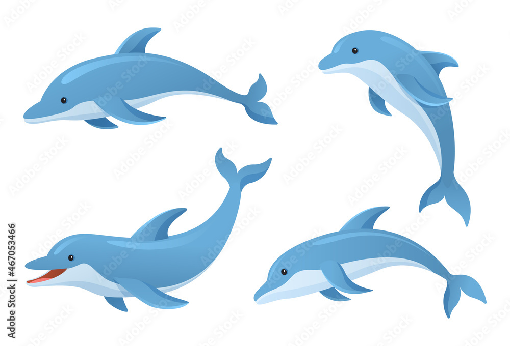Fototapeta premium Cute dolphins in various poses cartoon illustration