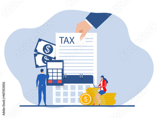  Hand gives notice pay tax financial,paperwork, financial research report and calculation of tax return. Payment of debt. Government, state taxes vector