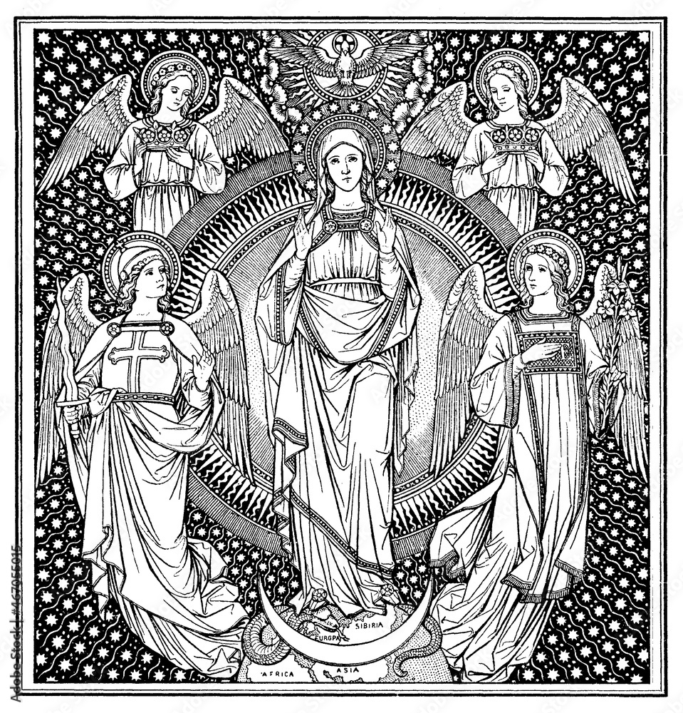 Black and white tile with the Virgin Mary surrounded by angels.